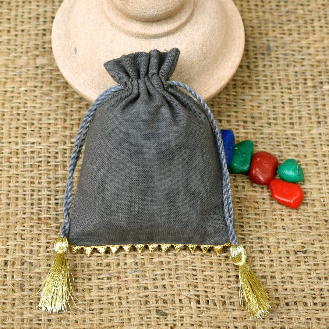 Personalized Logo Small Drawstring Cotton Bottom Gold Lace Bags Handmade Jewelry Grey Pouches - CraftJaipur
