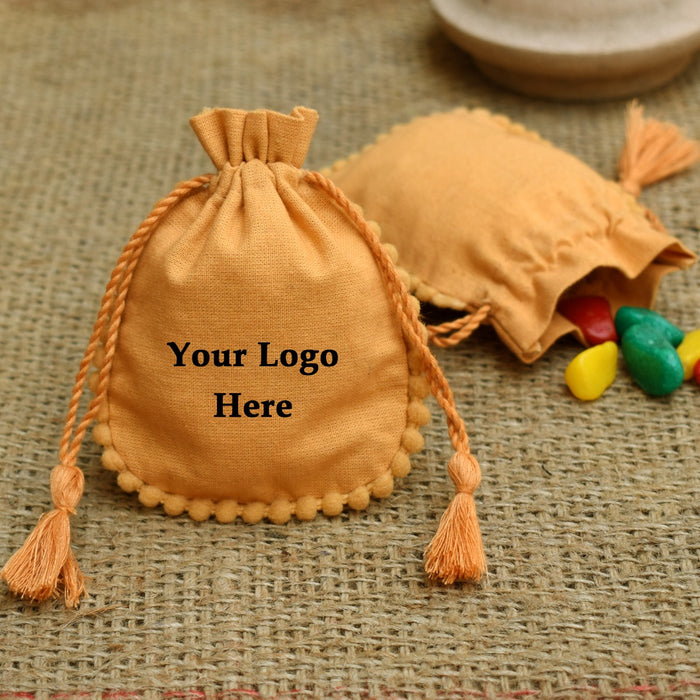 Personalized Logo Small Drawstring Tassels Cotton Bags Round Pom Pom Handmade Jewelry Golden Pouches - CraftJaipur