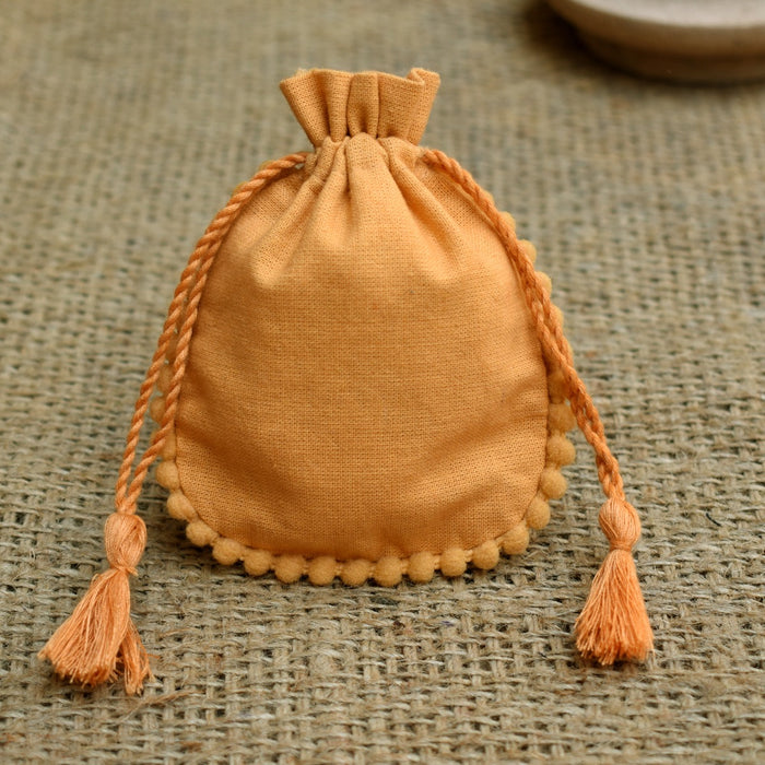 Personalized Logo Small Drawstring Tassels Cotton Bags Round Pom Pom Handmade Jewelry Golden Pouches - CraftJaipur