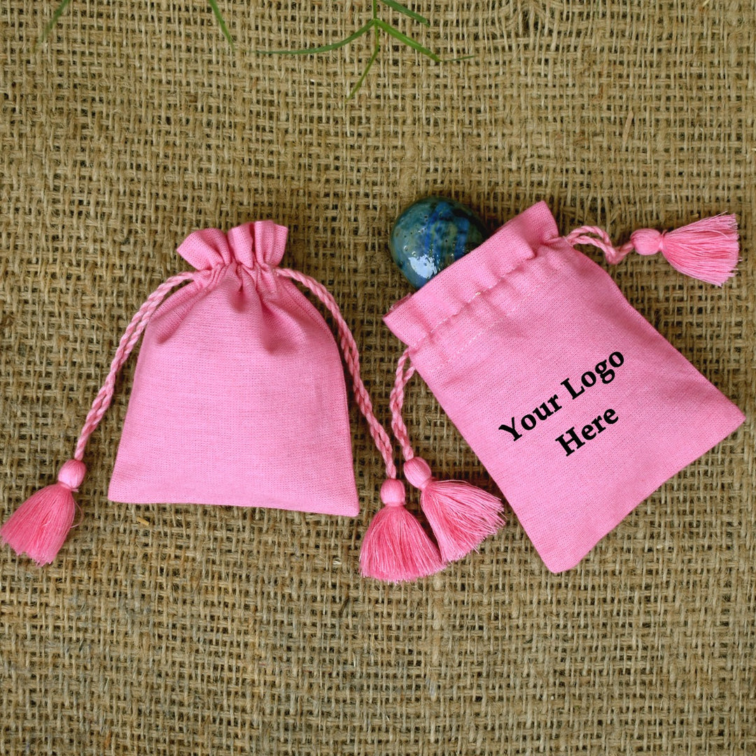 100 Pcs Cotton Designer Pink Jewelry Pouches Custom Printed Drawstring Pouch Small Bags with Logo β CraftJaipur