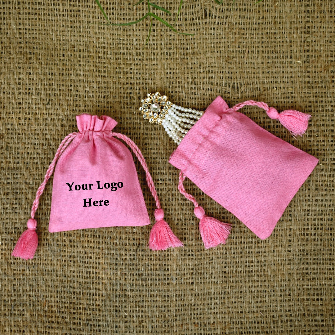 100 Pcs Cotton Designer Pink Jewelry Pouches Custom Printed Drawstring Pouch Small Bags with Logo β CraftJaipur