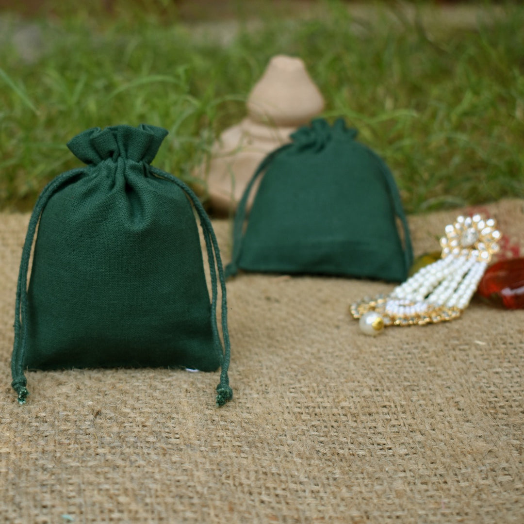 Handmade Cotton Jewelry Green Pouches, Small Gift Packaging Bags - CraftJaipur