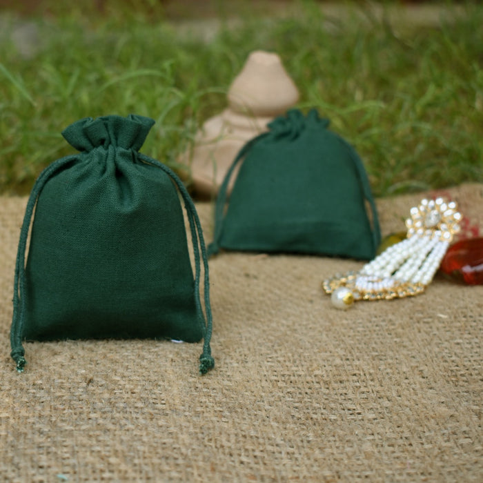 Handmade Cotton Jewelry Green Pouches, Small Gift Packaging Bags - CraftJaipur