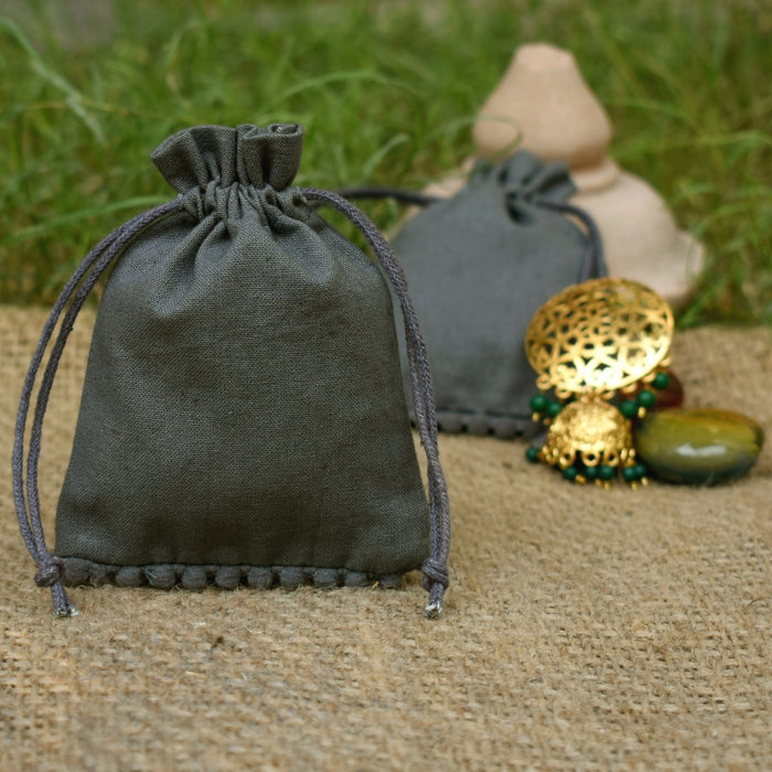 Small Drawstring Cotton Pouches, Bottom Pom Pom Grey Jewelry Bags - CraftJaipur