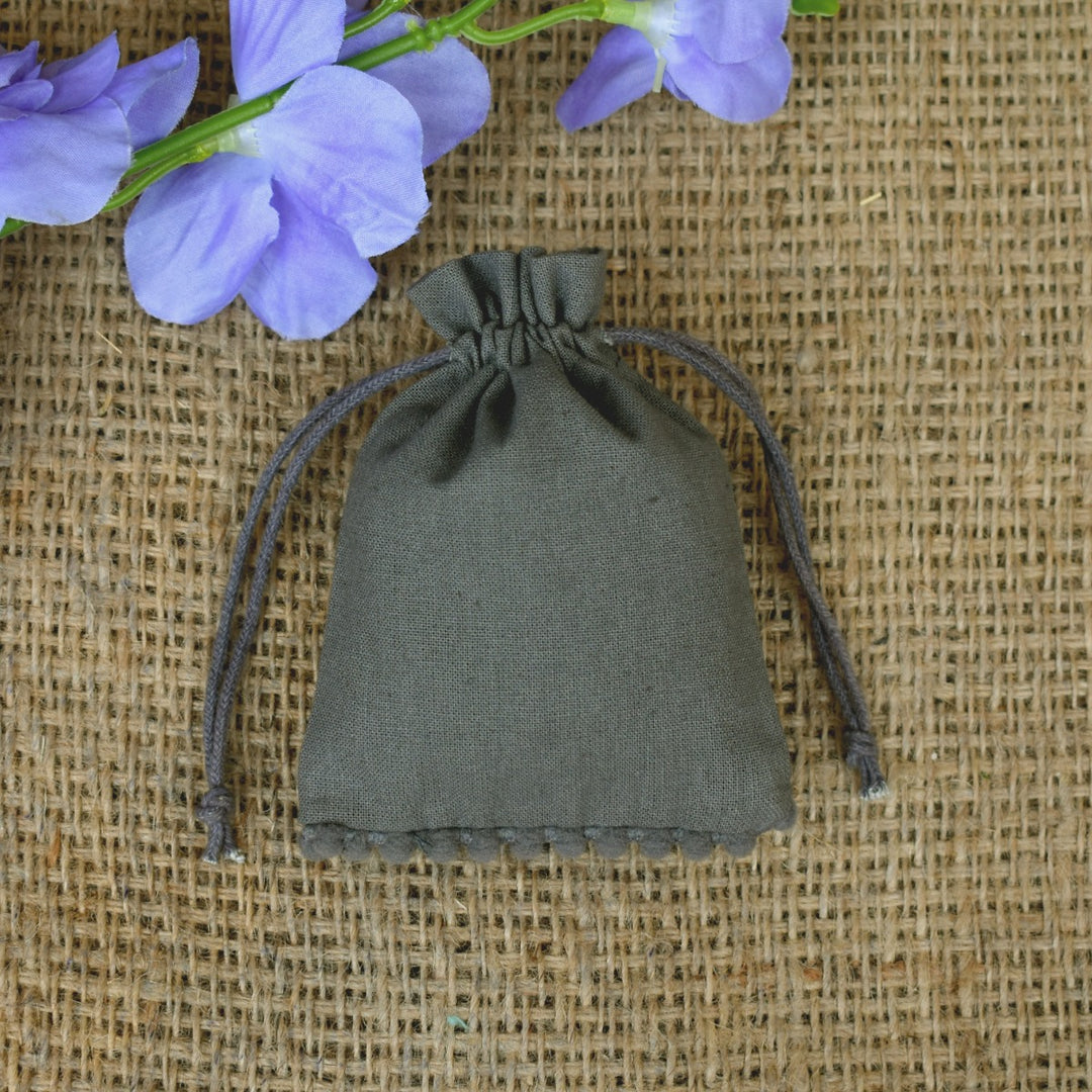 Small Drawstring Cotton Pouches, Bottom PomPom Grey Jewelry Bags Eco-Friendly Pouches β CraftJaipur