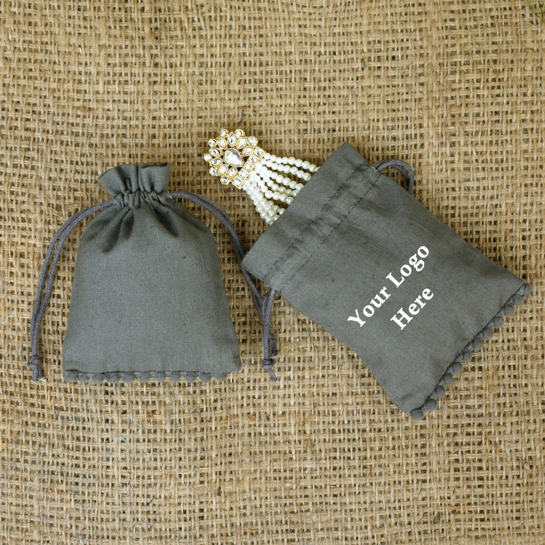 Small Drawstring Cotton Pouches, Bottom PomPom Grey Jewelry Bags Eco-Friendly Pouches β CraftJaipur