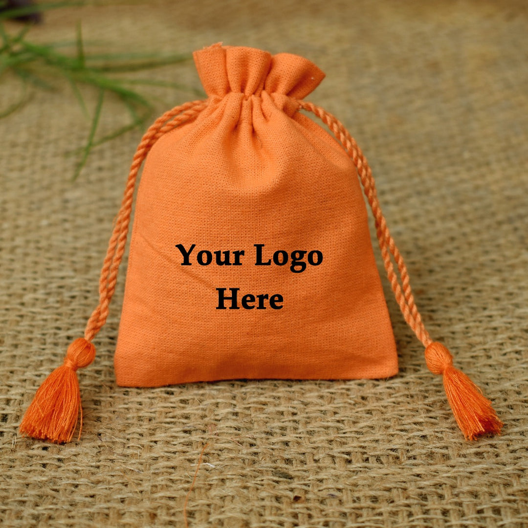 Personalized Logo Small Bags Handmade Jewelry Orange Pouches Custom Small Drawstring Pouch β CraftJaipur