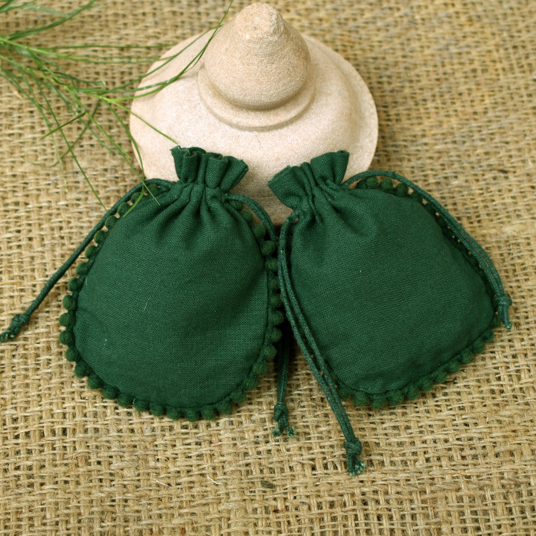 Personalized Logo Small Bags Handmade Jewelry Green Pouches Round PomPom Bags β CraftJaipur