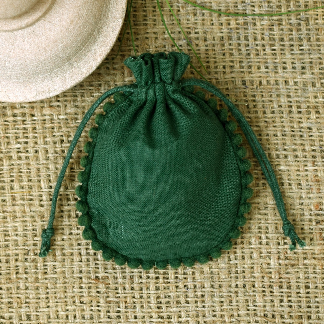 Personalized Logo Small Bags Handmade Jewelry Green Pouches Round PomPom Bags β CraftJaipur