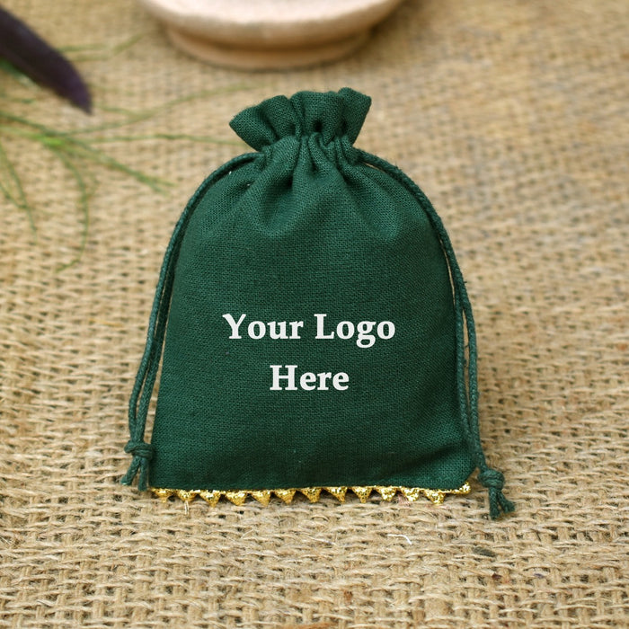 Personalized Logo Small Bags Gold Lace Handmade Jewelry Green Pouches - CraftJaipur