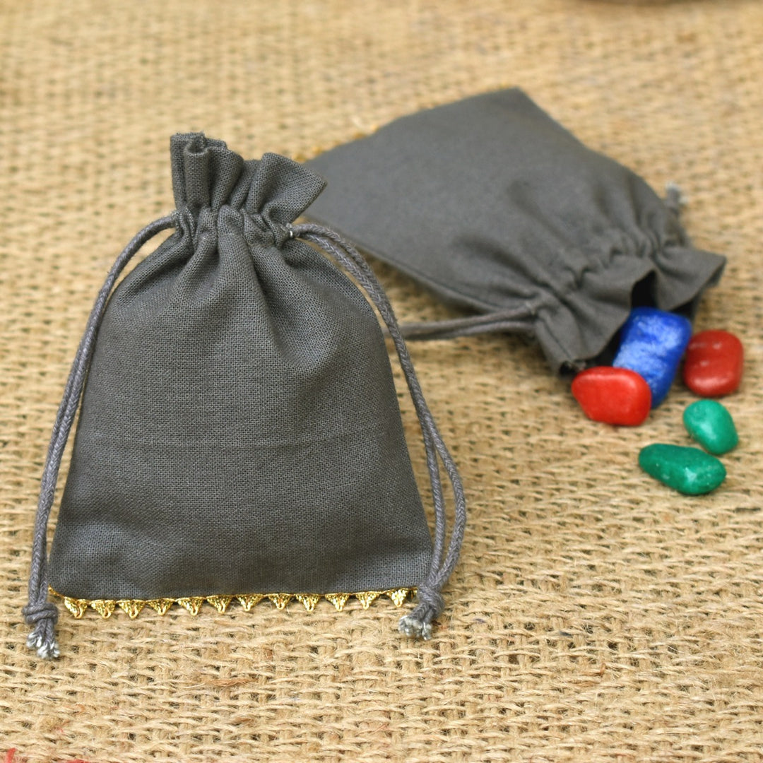 Personalized Logo Small Bags Drawstring Pouches Bottom Gold Lace Handmade Jewelry Grey Pouches β CraftJaipur