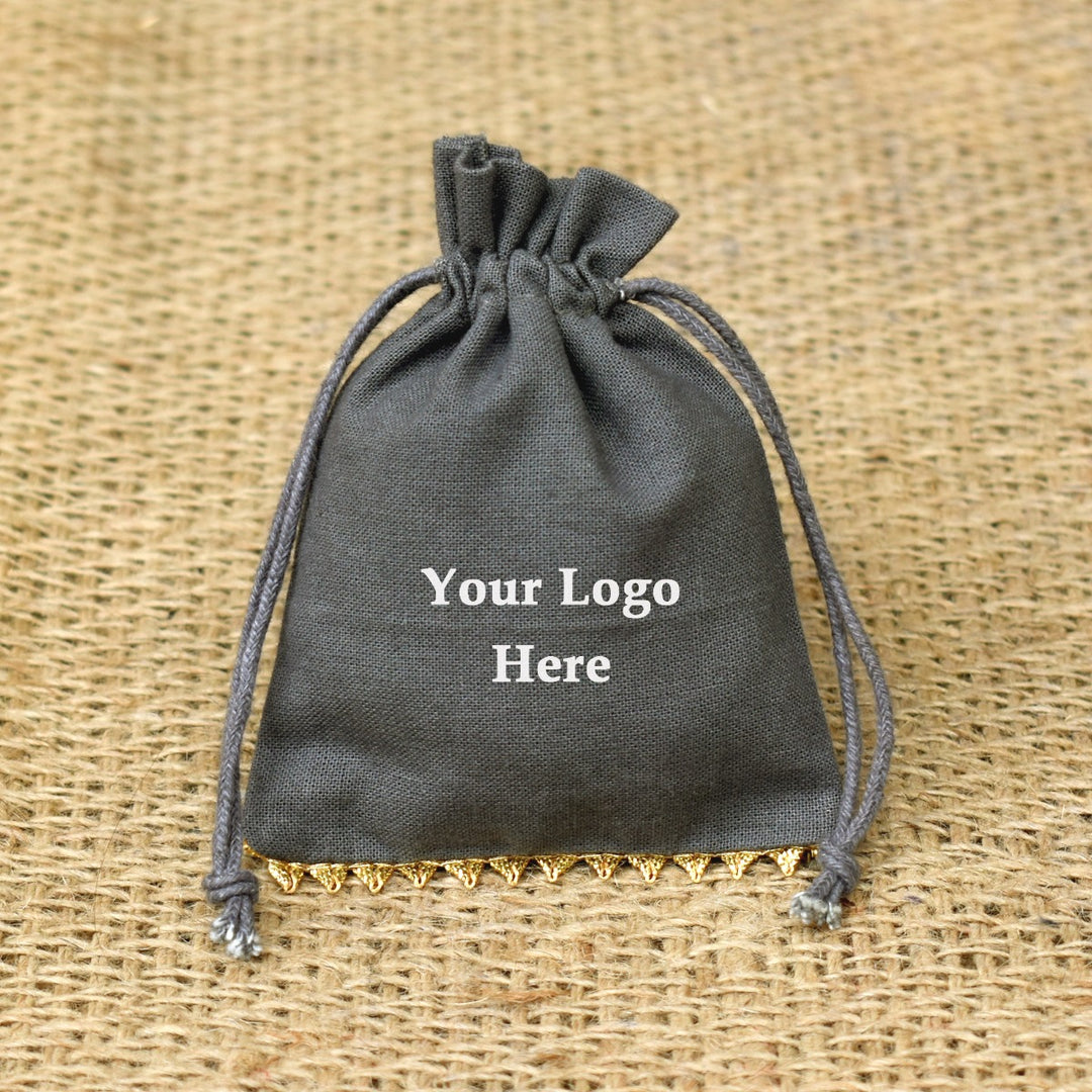 Personalized Logo Small Bags Drawstring Pouches Bottom Gold Lace Handmade Jewelry Grey Pouches β CraftJaipur