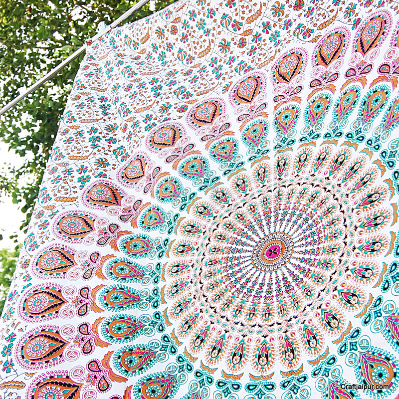 White Peacock Mandala Tapestry, Decor Wall Hanging Bedspread - Craft Jaipur
