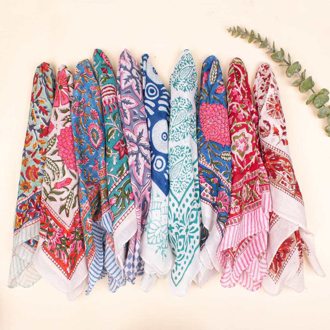 Set of 10 100% Natural Cotton Bandanas, Hand-Printed Design Bandana, Lightweight & Compact Ideal For Travel, Versatile Wear Neck Scarf