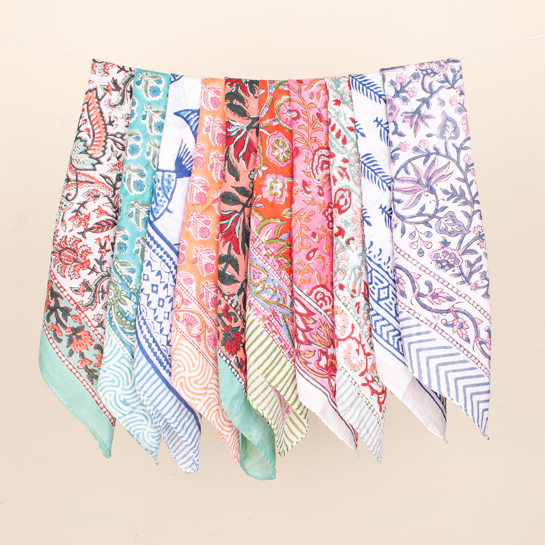 Set of 10 - Eco-Friendly Bandanas, Handcrafted Block Prints Bandana, Block Print Scarf, Multi-use Bandana, Scarf, Wrap or Gift