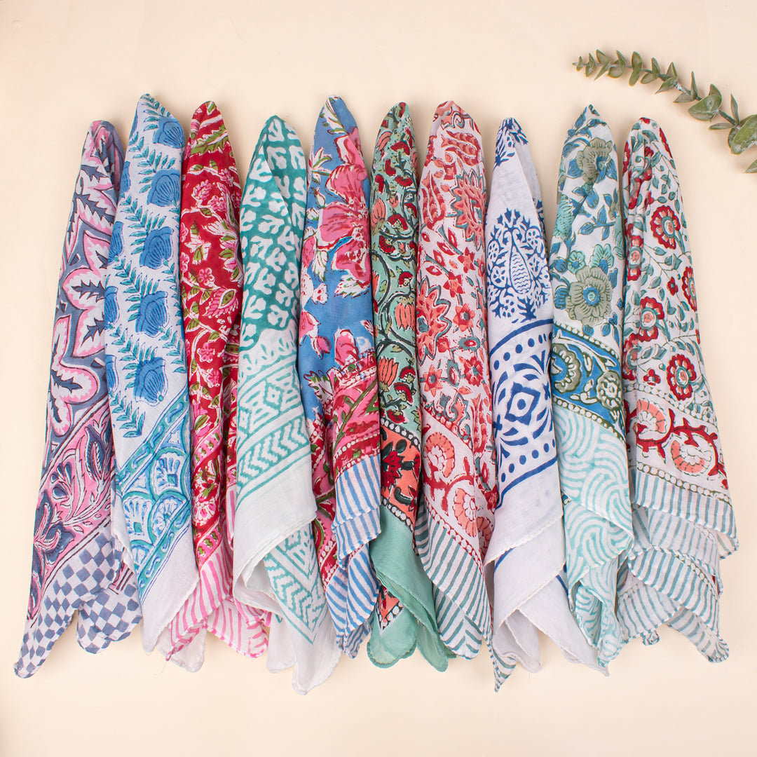 Set of 10 - Hand Block Printed Bandana, Lightweight and Breathable Bandana, 100% cotton Bandana, Soft Cotton Scarf For All - Day Comfort