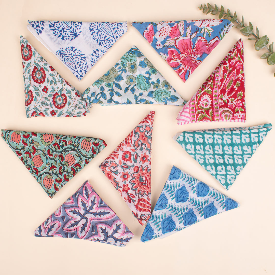 Set of 10 - Hand Block Printed Bandana, Lightweight and Breathable Bandana, 100% cotton Bandana, Soft Cotton Scarf For All - Day Comfort