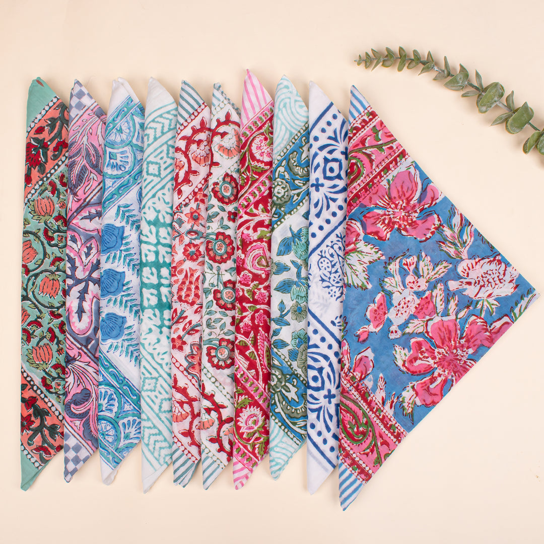 Set of 10 - Hand Block Printed Bandana, Lightweight and Breathable Bandana, 100% cotton Bandana, Soft Cotton Scarf For All - Day Comfort