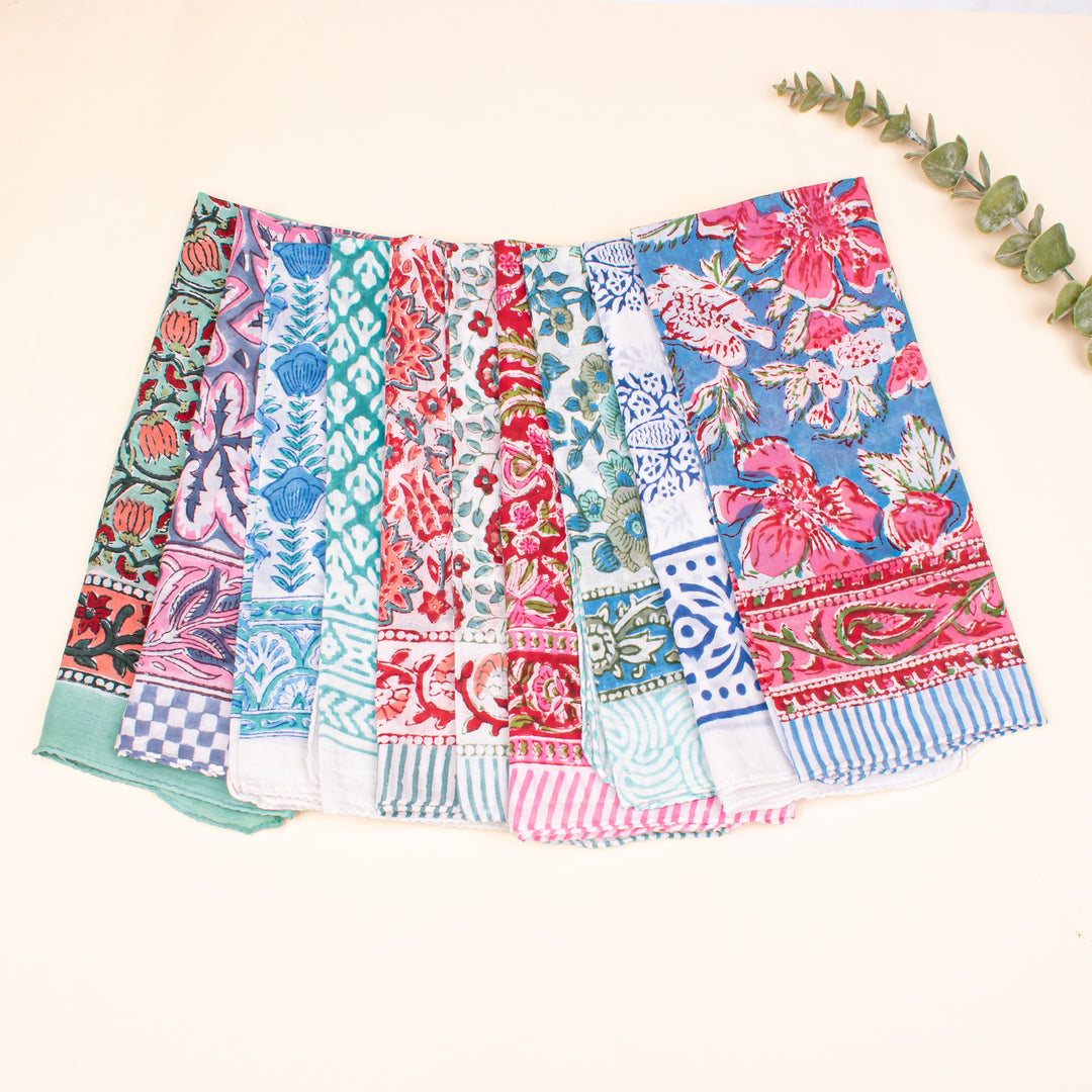 Set of 10 - Hand Block Printed Bandana, Lightweight and Breathable Bandana, 100% cotton Bandana, Soft Cotton Scarf For All - Day Comfort