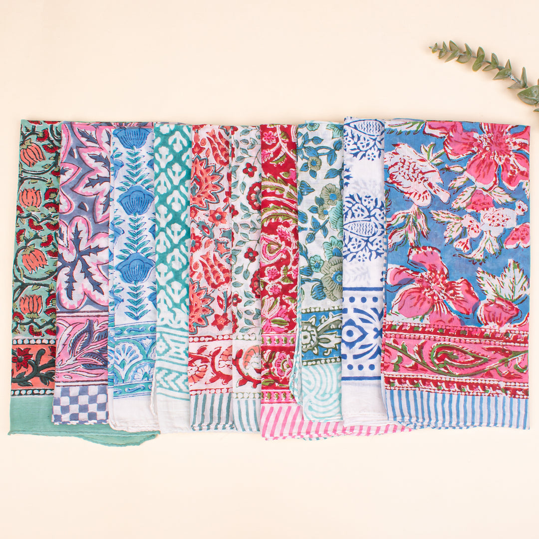 Set of 10 - Hand Block Printed Bandana, Lightweight and Breathable Bandana, 100% cotton Bandana, Soft Cotton Scarf For All - Day Comfort