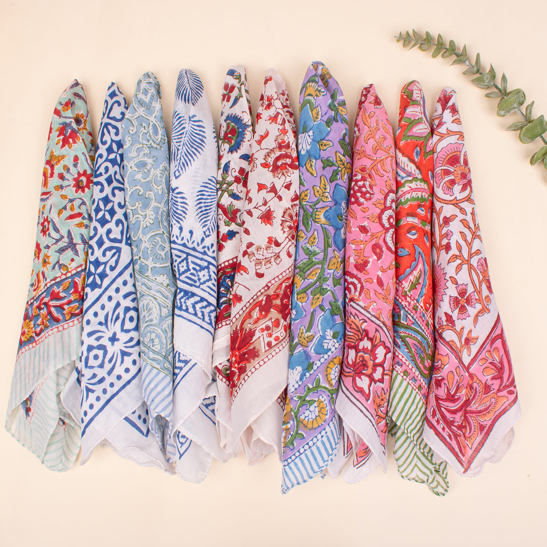 Set of 10 - Colorful Cotton Bandanas, Bohemian Printed Bandana, Styling as Head Wrap & Neck Scarf, Lightweight Unisex Bandana