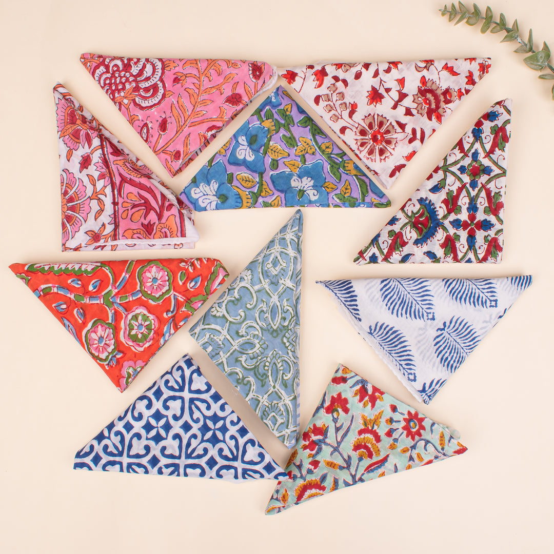 Set of 10 - Colorful Cotton Bandanas, Bohemian Printed Bandana, Styling as Head Wrap & Neck Scarf, Lightweight Unisex Bandana