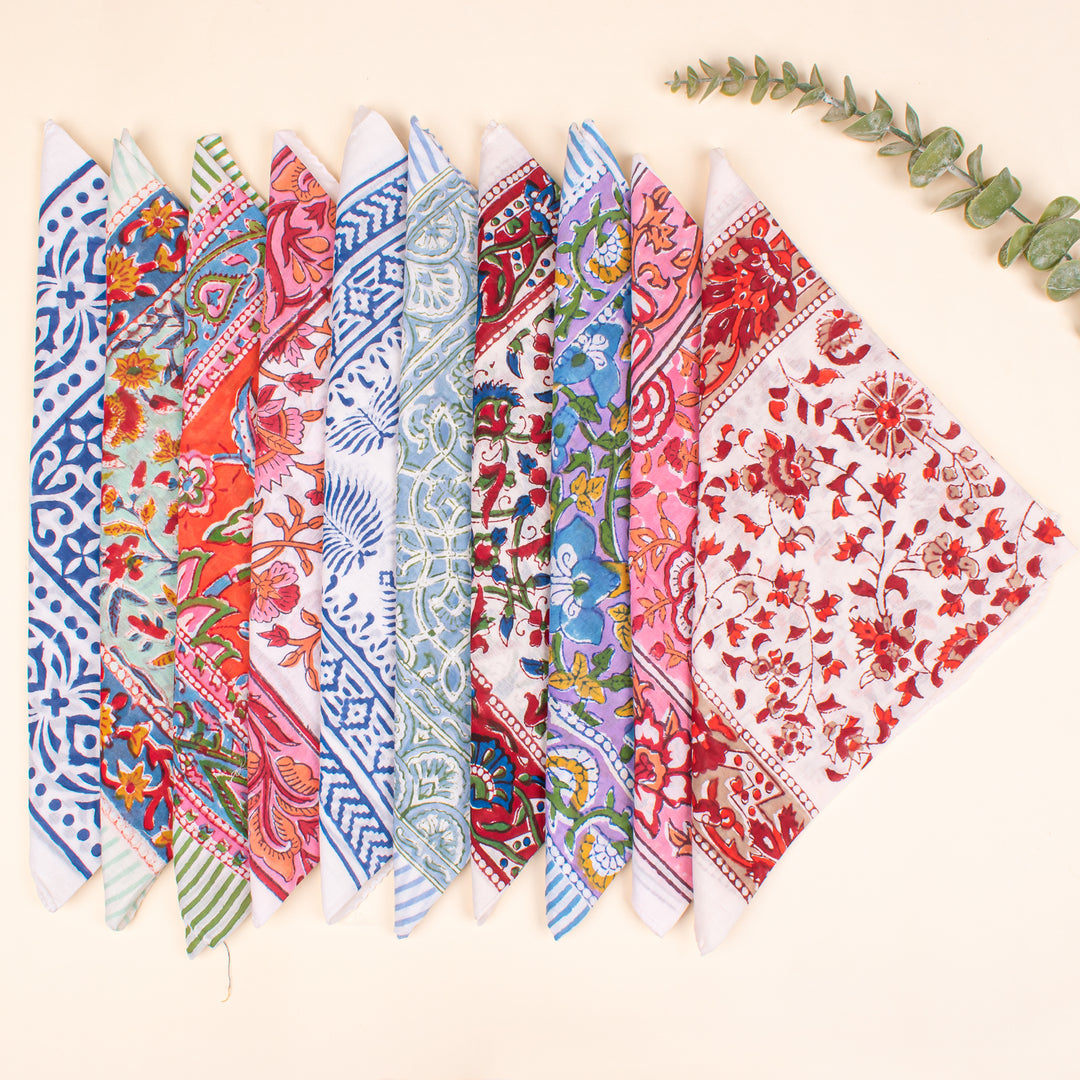 Set of 10 - Colorful Cotton Bandanas, Bohemian Printed Bandana, Styling as Head Wrap & Neck Scarf, Lightweight Unisex Bandana