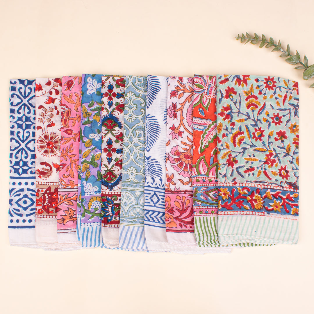 Set of 10 - Colorful Cotton Bandanas, Bohemian Printed Bandana, Styling as Head Wrap & Neck Scarf, Lightweight Unisex Bandana