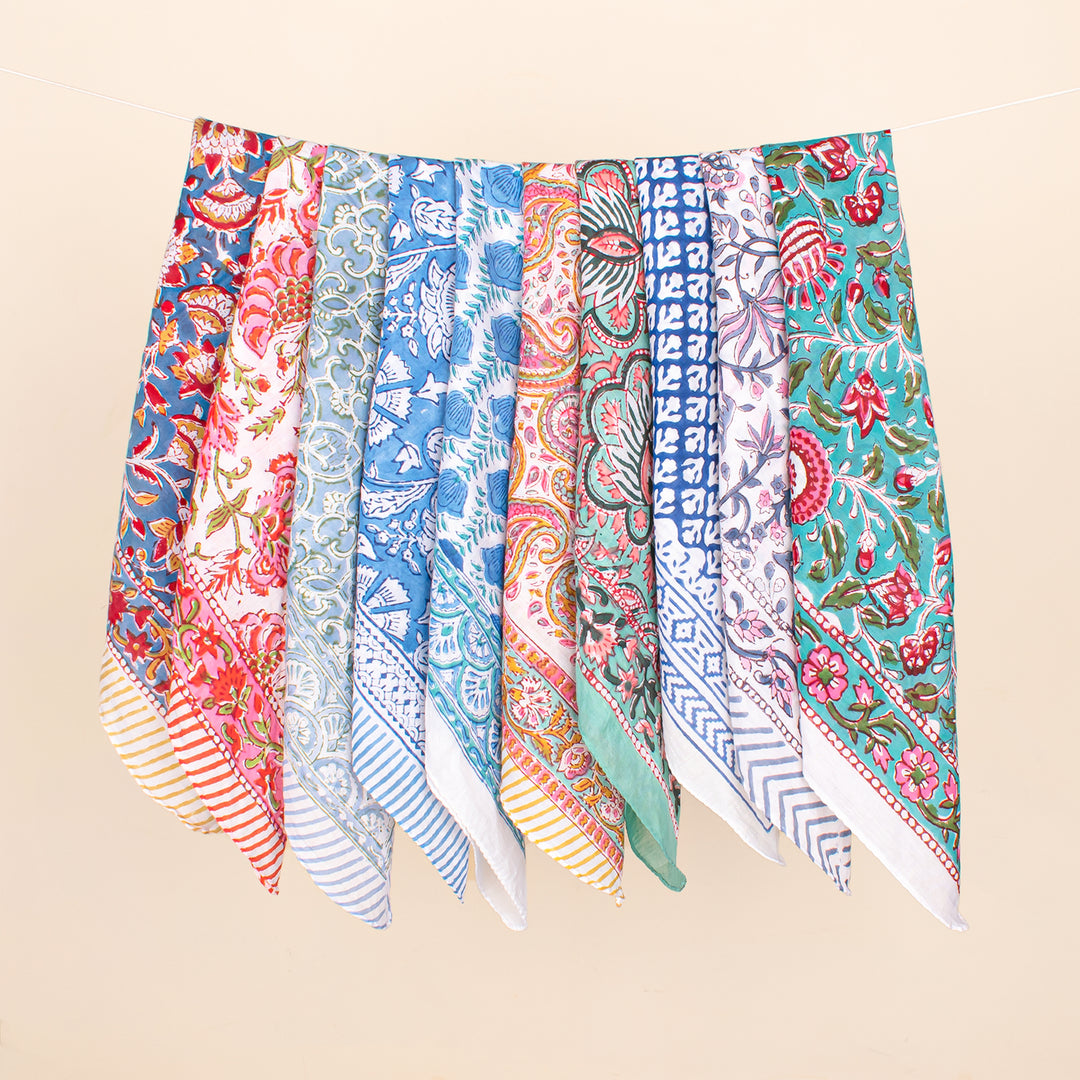 Set of 10 - Block Print Bandanas, Stylish Western Scarf, Sustainable Handmade Headband, Pure Cotton Bohemian Bandanas, Trendy Bandana Scarf