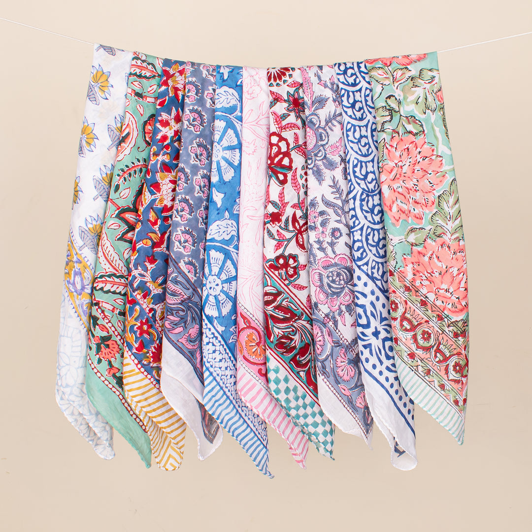 Set of 10 - Vintage Style Boho Neck Scarf, Ethnic Hand Block Printed Bandana, Soft Cotton Bandana, Sustainable Bandana For Men & Women