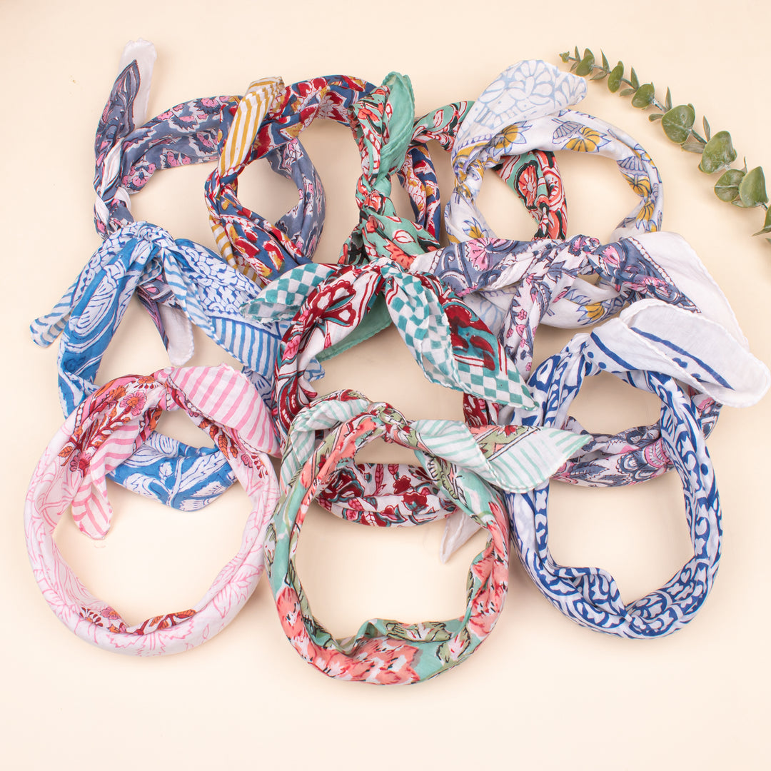 Set of 10 - Vintage Style Boho Neck Scarf, Ethnic Hand Block Printed Bandana, Soft Cotton Bandana, Sustainable Bandana For Men & Women
