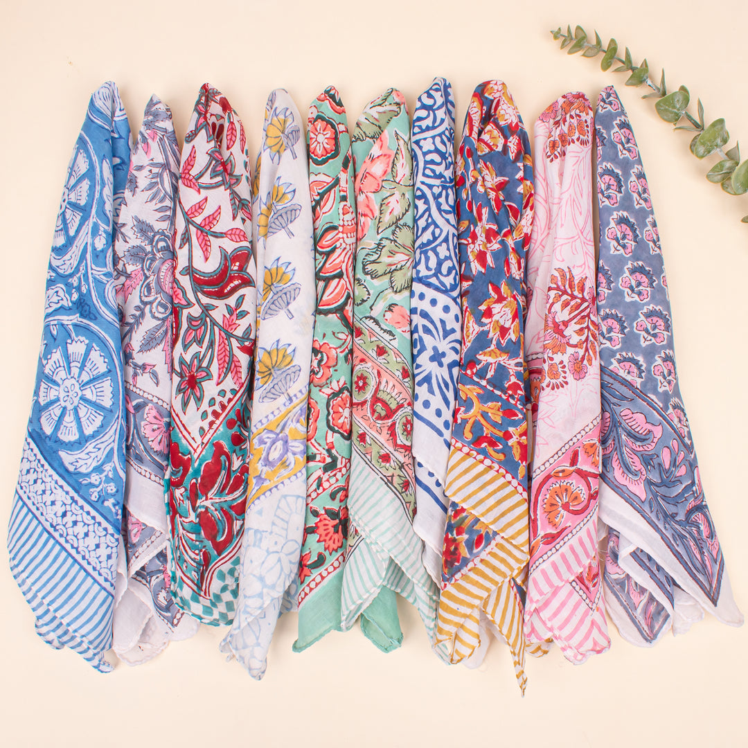 Set of 10 - Vintage Style Boho Neck Scarf, Ethnic Hand Block Printed Bandana, Soft Cotton Bandana, Sustainable Bandana For Men & Women