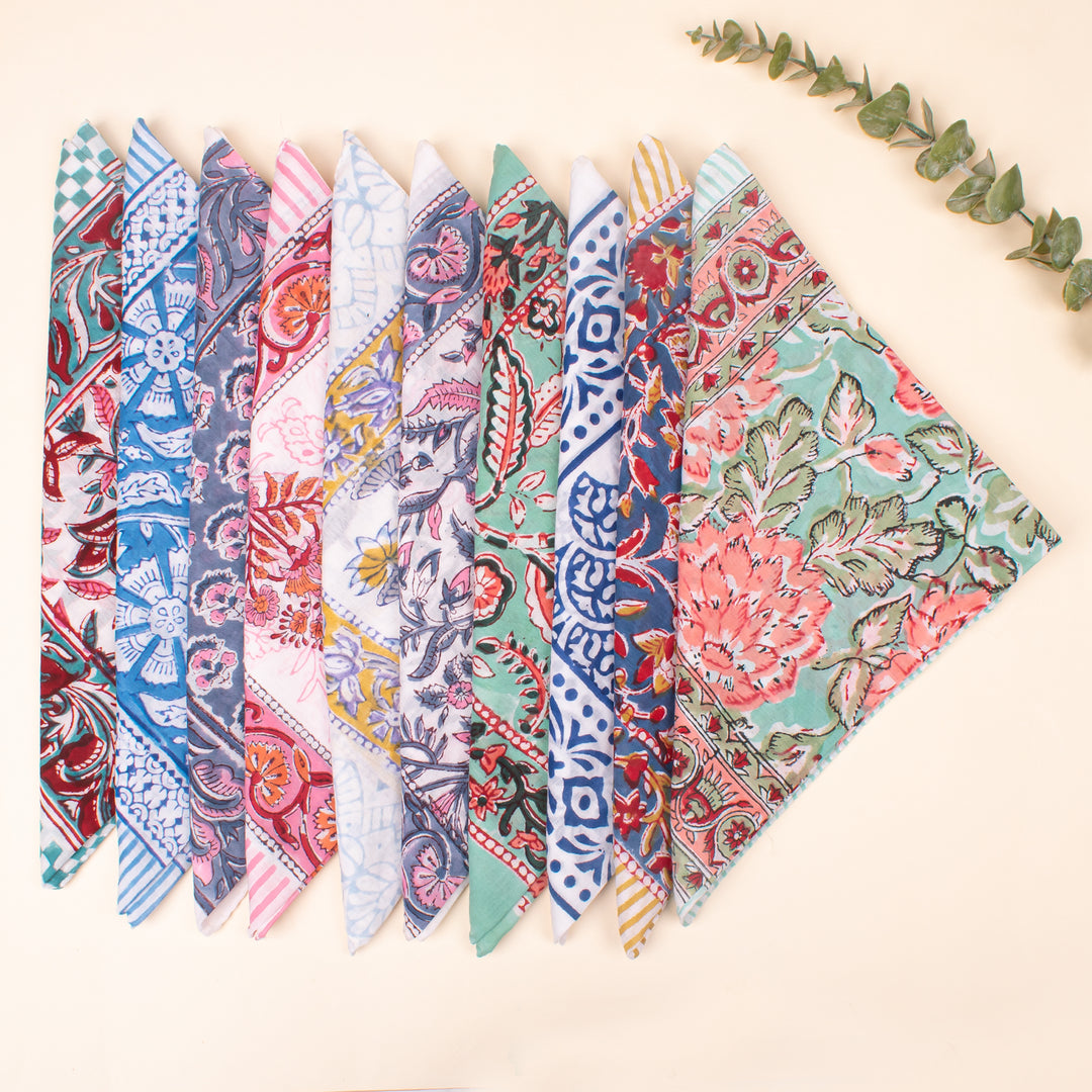 Set of 10 - Vintage Style Boho Neck Scarf, Ethnic Hand Block Printed Bandana, Soft Cotton Bandana, Sustainable Bandana For Men & Women