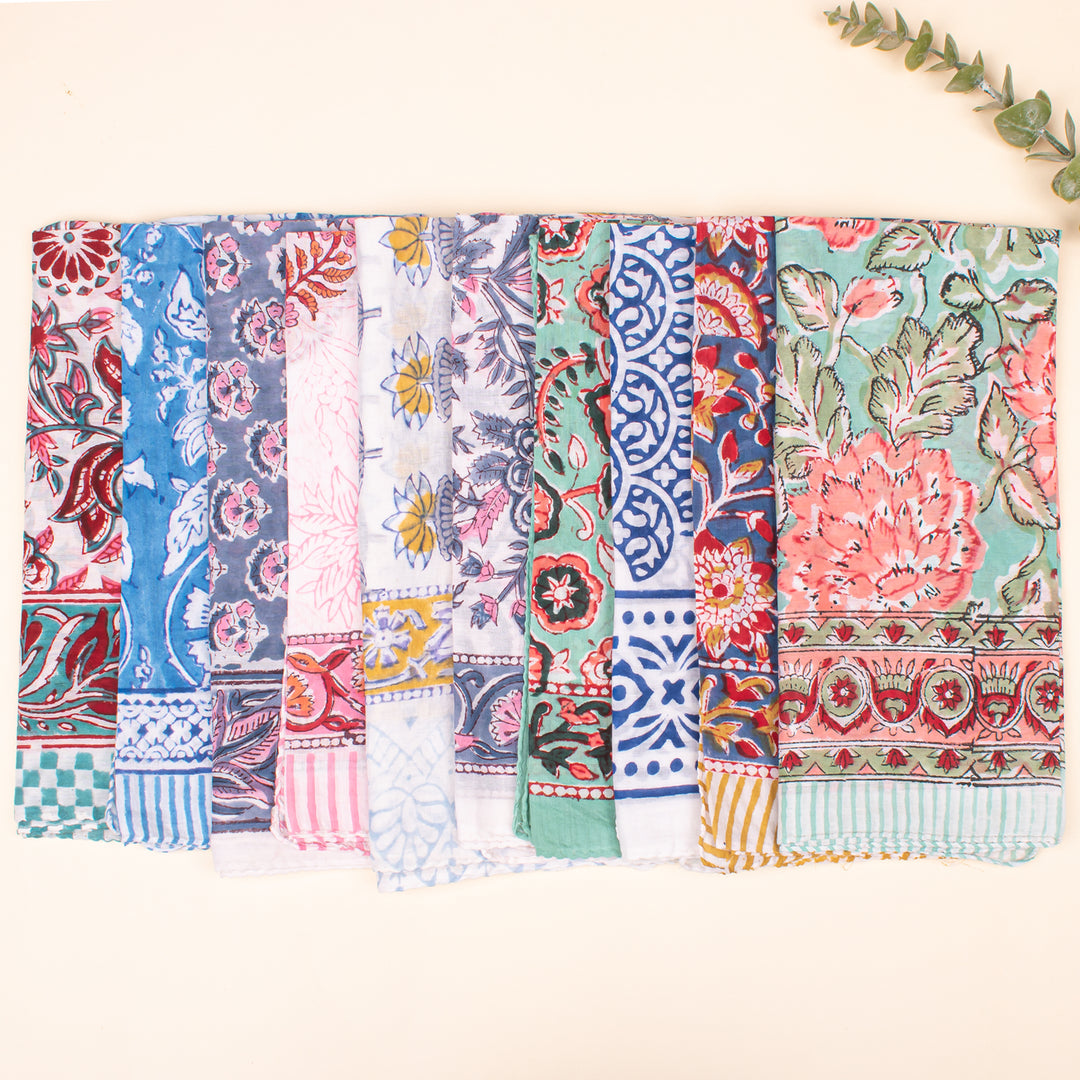 Set of 10 - Vintage Style Boho Neck Scarf, Ethnic Hand Block Printed Bandana, Soft Cotton Bandana, Sustainable Bandana For Men & Women