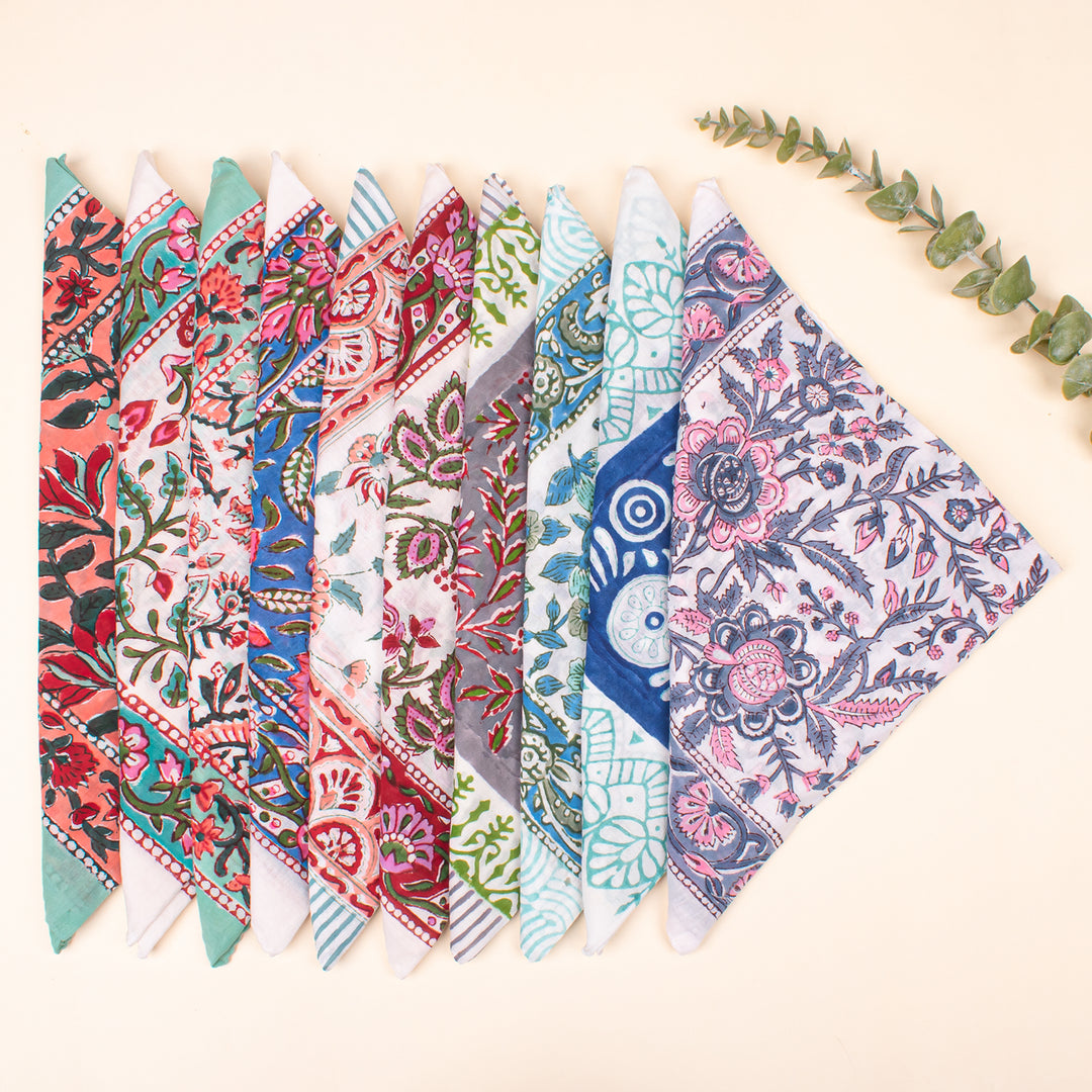Set of 10 - Vintage Printed Cotton Bandanas, Unisex Neck & Head Wrap, Lightweight Bandana, Eco-Friendly Scarf, Style Cotton Bandana