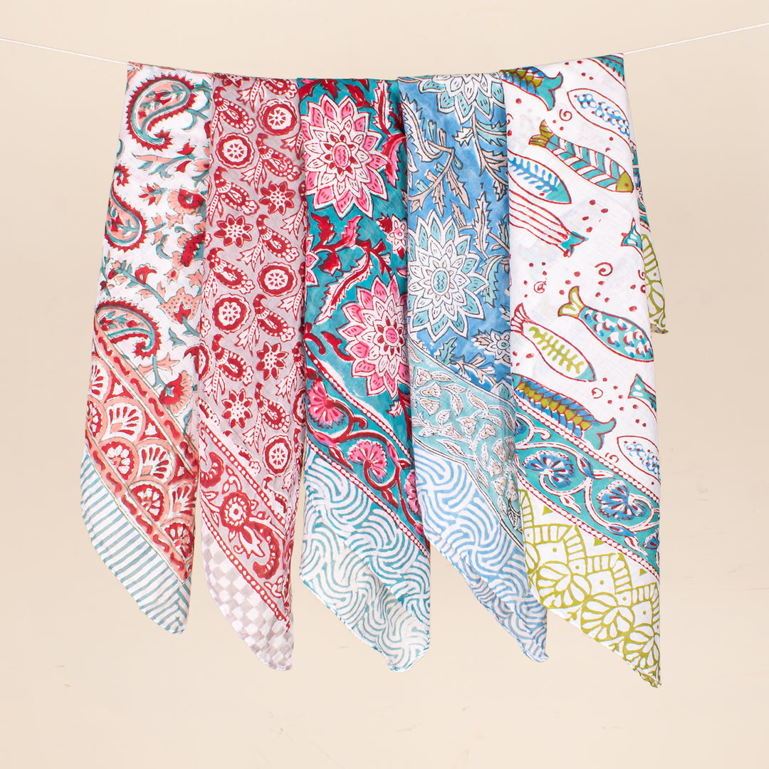 Set of 5 - Soft Lightweight Scarf Bandana, Eco-Conscious Boho Hair Tie, 100% Pure Organic Cotton, Unisex Block Printed Cotton Bandana