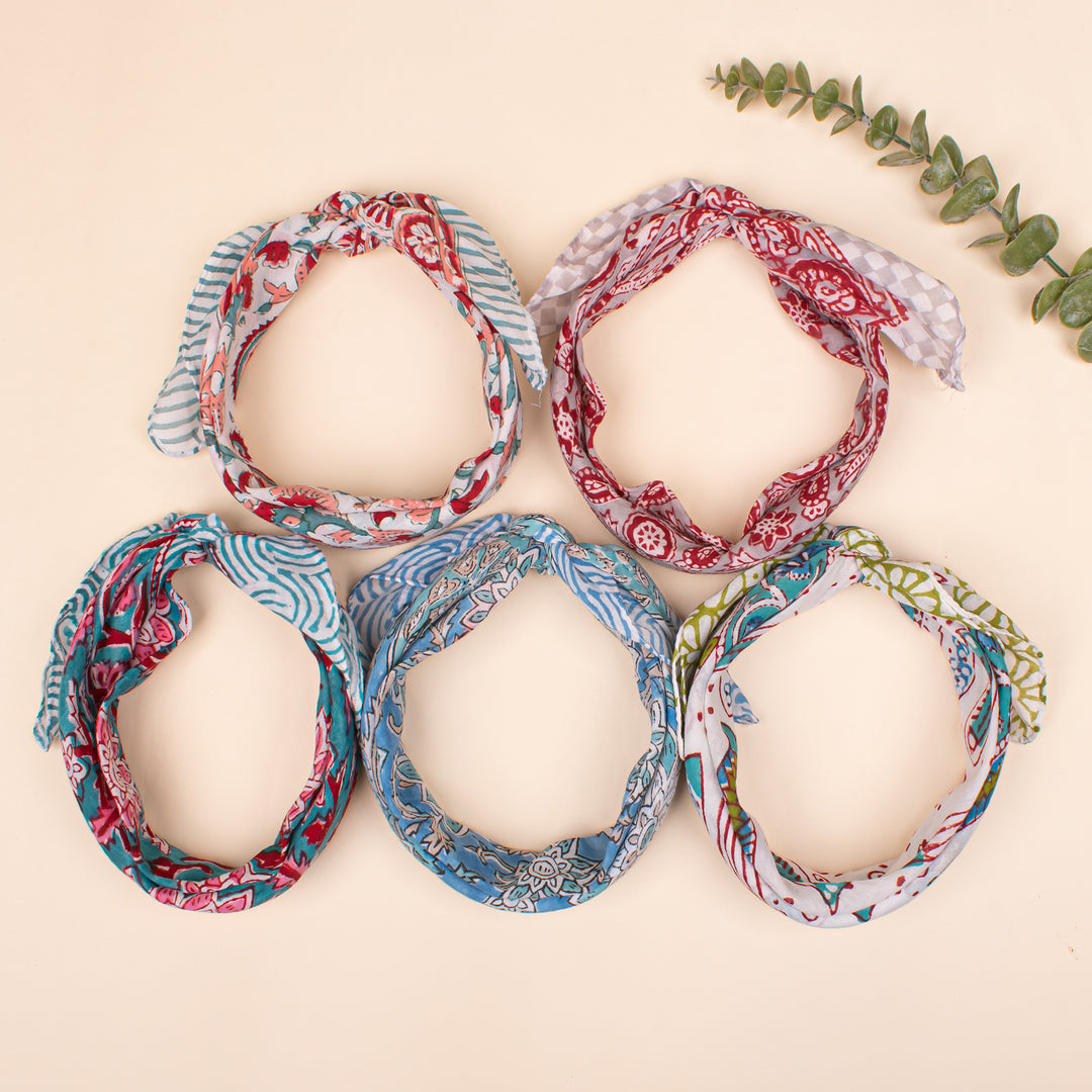 Set of 5 - Soft Lightweight Scarf Bandana, Eco-Conscious Boho Hair Tie, 100% Pure Organic Cotton, Unisex Block Printed Cotton Bandana