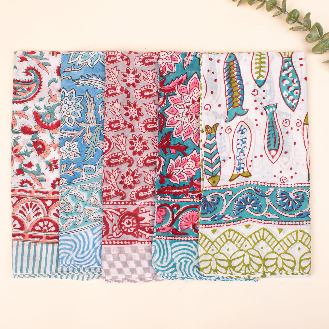 Set of 5 - Soft Lightweight Scarf Bandana, Eco-Conscious Boho Hair Tie, 100% Pure Organic Cotton, Unisex Block Printed Cotton Bandana