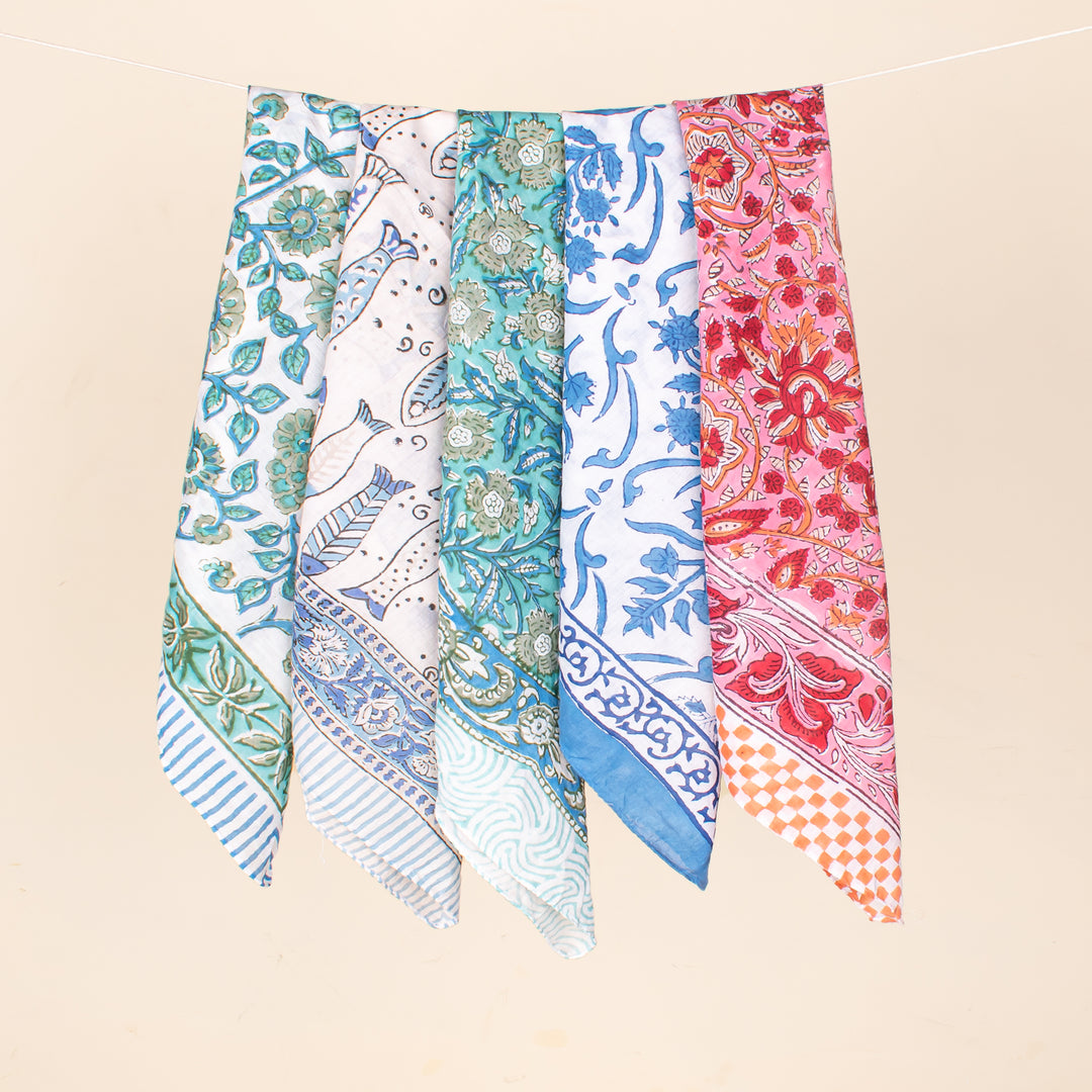 Set of 5 - Lightweight Eco-Friendly Scarf, 100% Pure Organic Cotton Bandana, Unisex Soft Cotton Scarf, Stylish Block Print Neck Or Wrist Tie Accessory