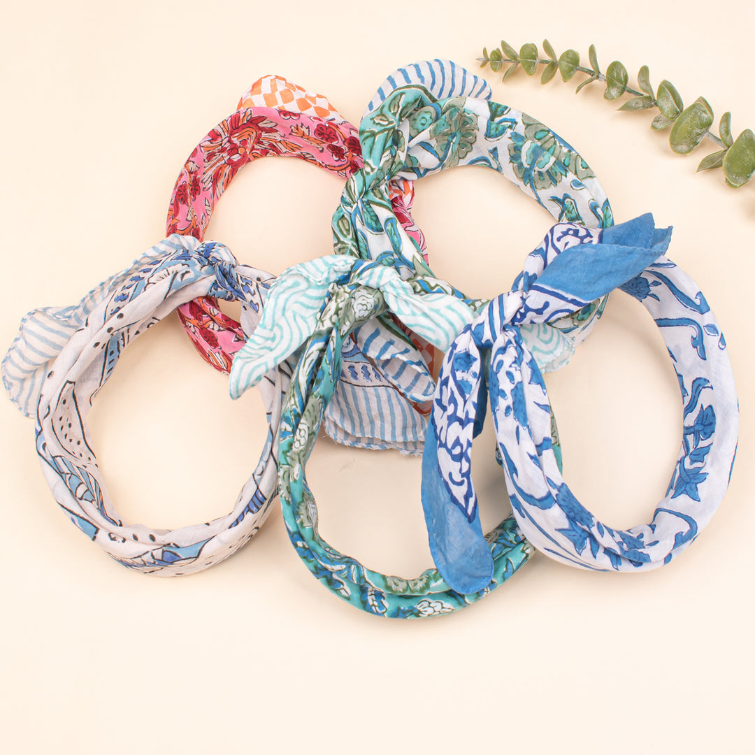 Set of 5 - Lightweight Eco-Friendly Scarf, 100% Pure Organic Cotton Bandana, Unisex Soft Cotton Scarf, Stylish Block Print Neck Or Wrist Tie Accessory