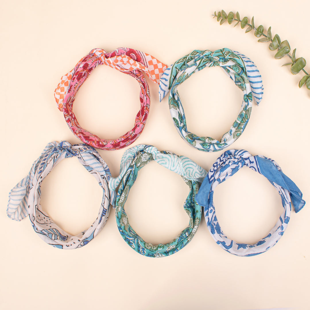 Set of 5 - Lightweight Eco-Friendly Scarf, 100% Pure Organic Cotton Bandana, Unisex Soft Cotton Scarf, Stylish Block Print Neck Or Wrist Tie Accessory
