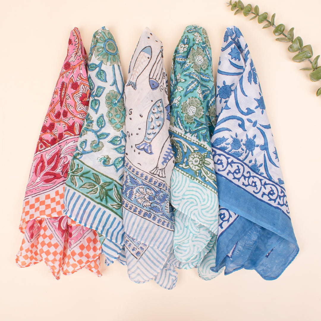 Set of 5 - Lightweight Eco-Friendly Scarf, 100% Pure Organic Cotton Bandana, Unisex Soft Cotton Scarf, Stylish Block Print Neck Or Wrist Tie Accessory