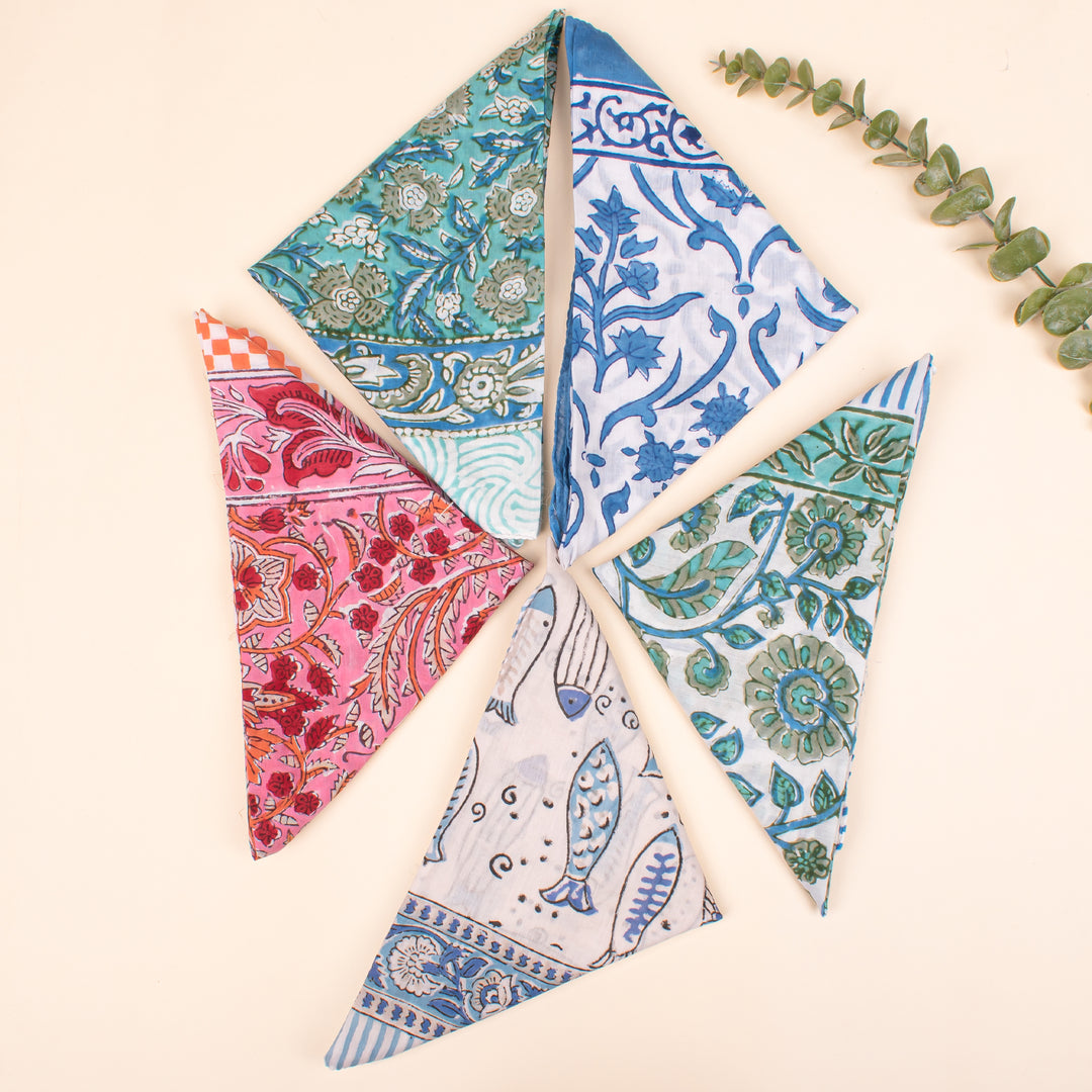 Set of 5 - Lightweight Eco-Friendly Scarf, 100% Pure Organic Cotton Bandana, Unisex Soft Cotton Scarf, Stylish Block Print Neck Or Wrist Tie Accessory