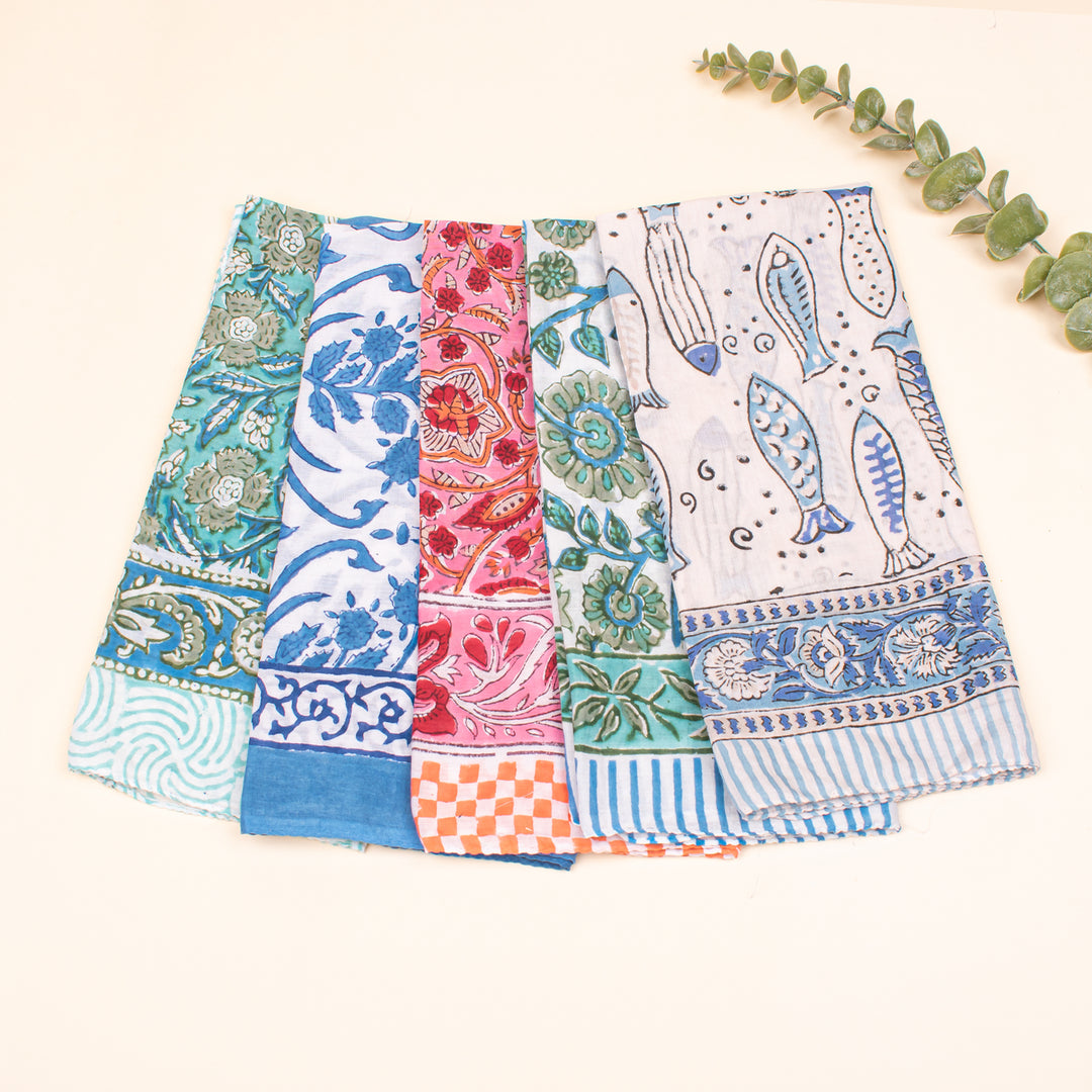 Set of 5 - Lightweight Eco-Friendly Scarf, 100% Pure Organic Cotton Bandana, Unisex Soft Cotton Scarf, Stylish Block Print Neck Or Wrist Tie Accessory