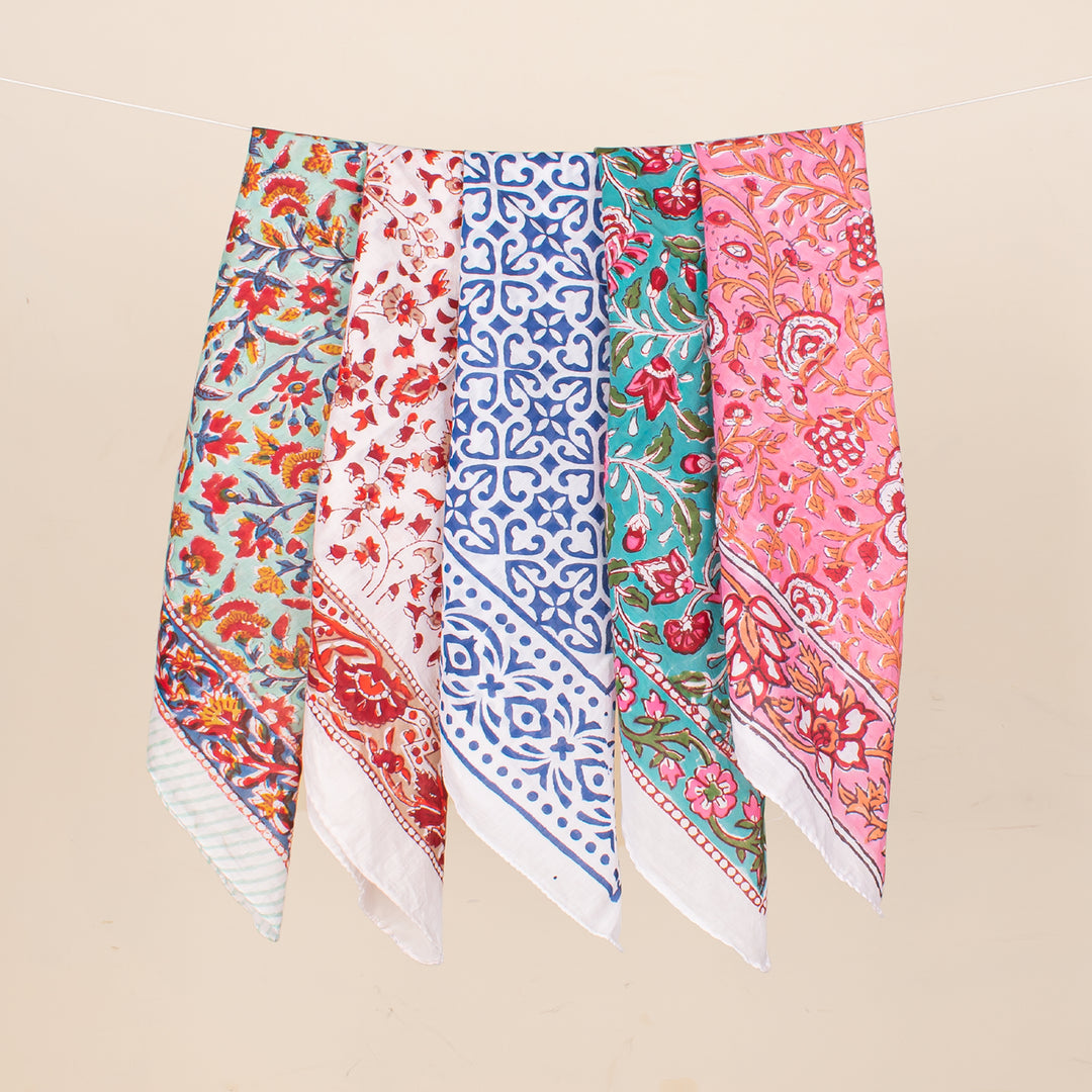 Set of 5 - block printed cotton Bandanas, Cotton Bandanas, Bandana Head Wrap, Lightweight Boho Head Wrap, Bandana For Summer Accessory