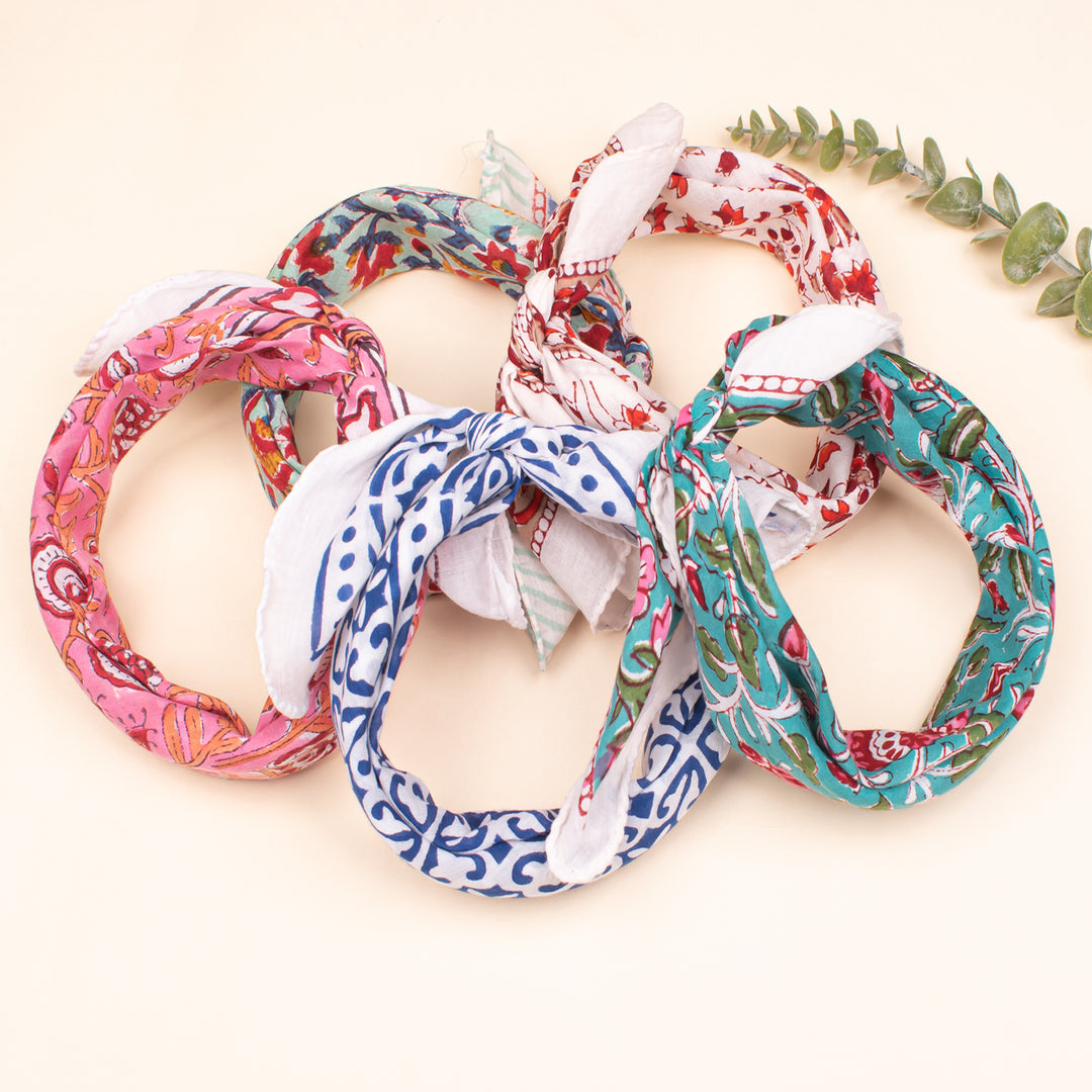 Set of 5 - block printed cotton Bandanas, Cotton Bandanas, Bandana Head Wrap, Lightweight Boho Head Wrap, Bandana For Summer Accessory