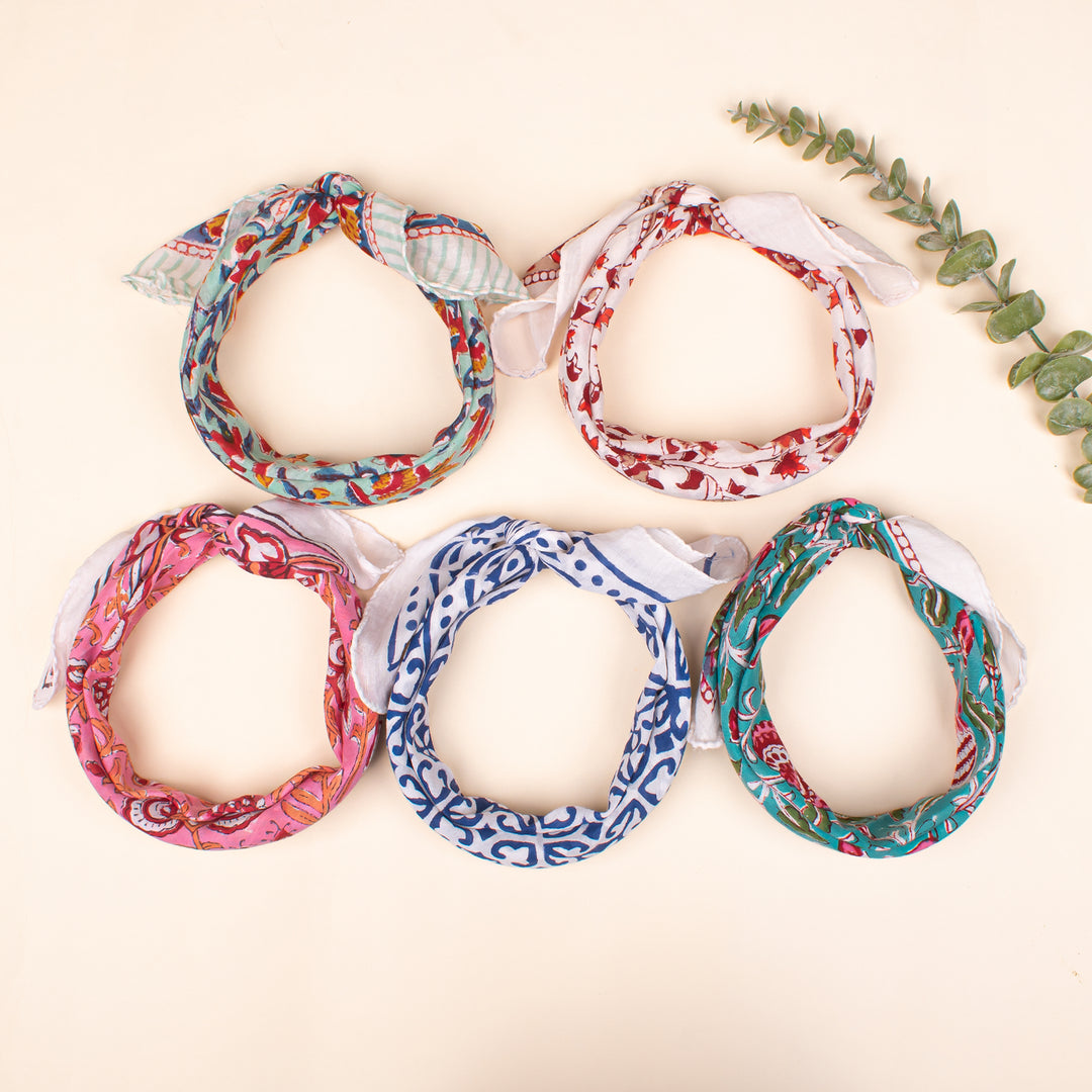 Set of 5 - block printed cotton Bandanas, Cotton Bandanas, Bandana Head Wrap, Lightweight Boho Head Wrap, Bandana For Summer Accessory