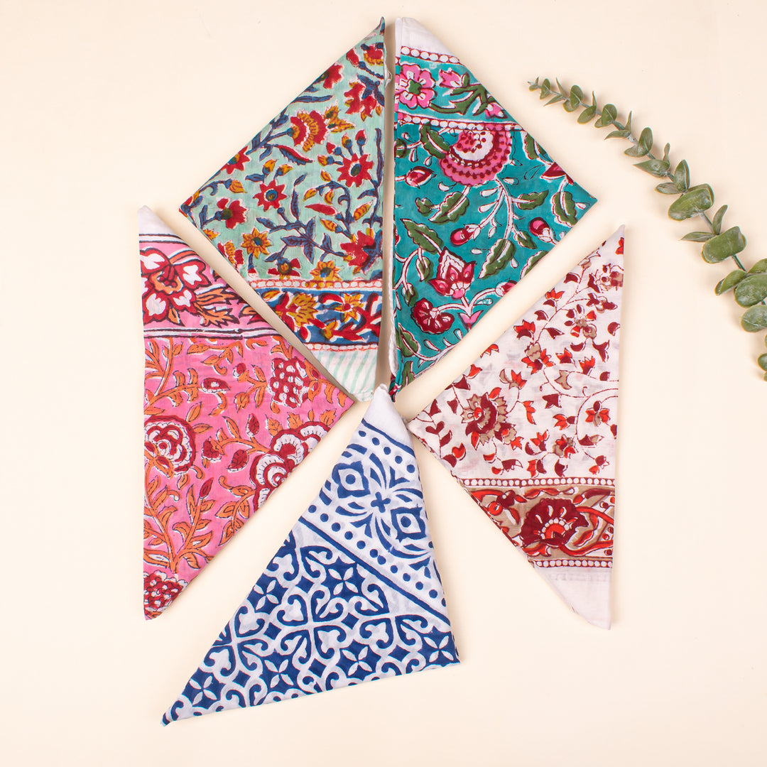 Set of 5 - block printed cotton Bandanas, Cotton Bandanas, Bandana Head Wrap, Lightweight Boho Head Wrap, Bandana For Summer Accessory