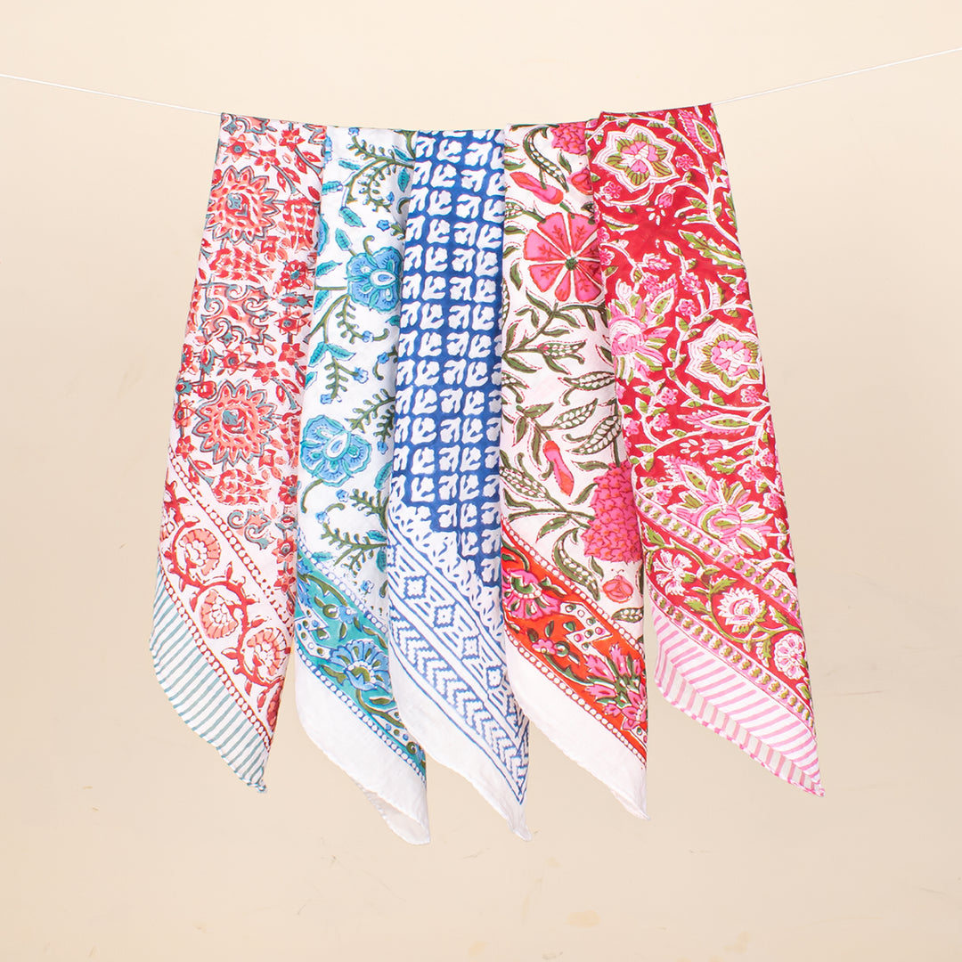 Set of 5 - 100% Cotton Hand block Printed Bandanas, Cotton Bandanas, Handmade Bandana, Bandanas for Men & Women
