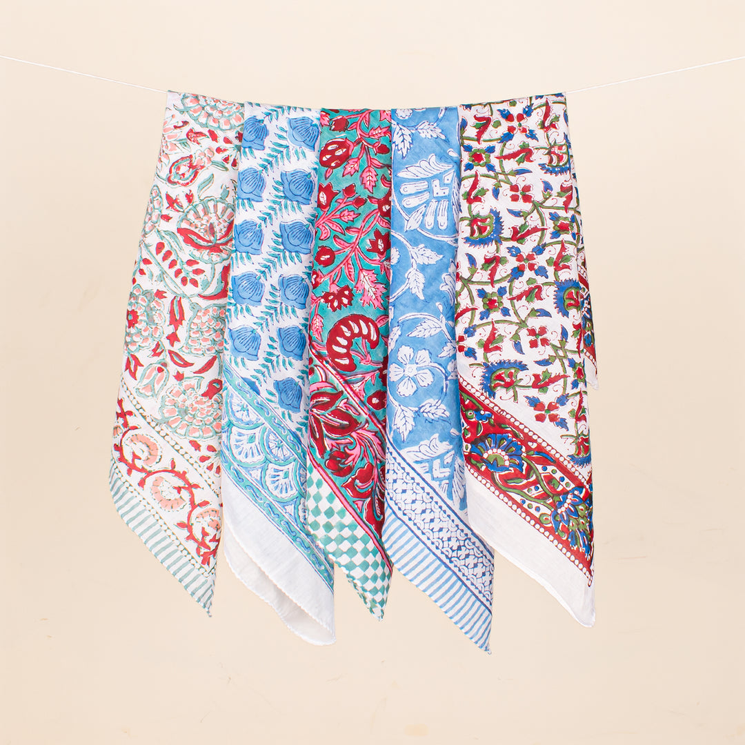 Set of 5 - Hand Block Printed Organic Scarf, Lightweight Hair Or Neck Wrap, Bandana for Men & Women, Stylish Cotton Bandanas